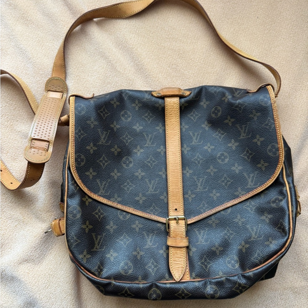 Authentic Vintage Louis Vuitton Black and Tan Messenger Bag with Leather Trim